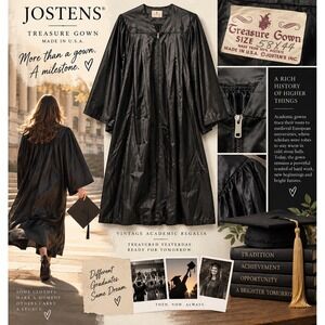 Vintage Jostens Treasure Gown Black Graduation Academic Robe 5ft 8in x 44 USA